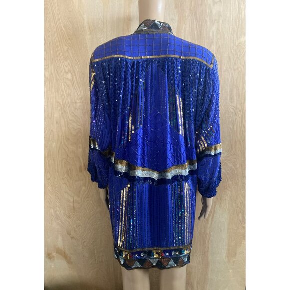 Vintage 1980s Sequin Beaded Duster Kimono Open Front Jacket Frank Usher Style - Picture 2 of 15